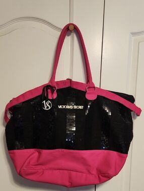Victoria's Secret Black Sequin Tote with Hot Pink Trim